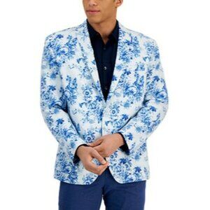 JF J. Ferrar Blue & White Floral Slim-Fit Mens Blazer Jacket 40L Cotton Blend Li